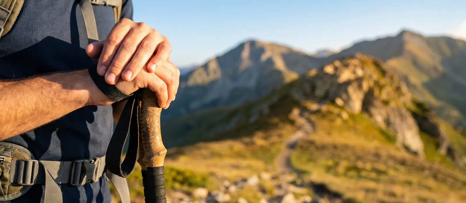 Hand am Korkgriff eines Trekkingstocks vor Bergpanorama