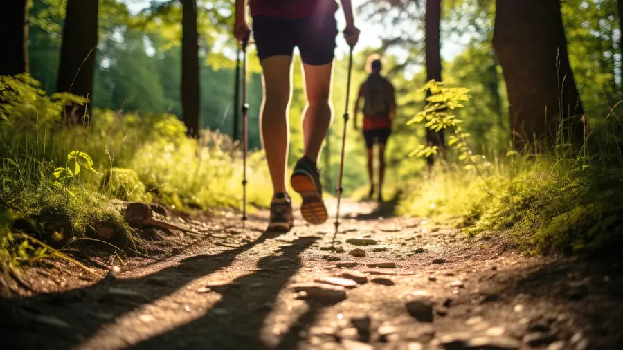 Wanderer mit Trekkingstöcken auf einem Waldweg